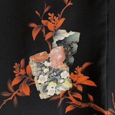 HAORI FEMME NOIR EN SOIE À MOTIF FLORAL ORANGE 007-106 (M)