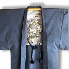 HAORI HOMME BLEU MOUCHETÉ EN SOIE SAUVAGE 007-157 (LL)