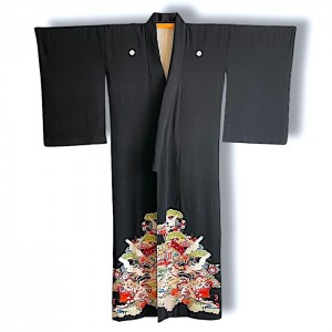 KIMONO VINTAGE NOIR EN SOIE & MOTIFS COLORÉS 008-359 (S)